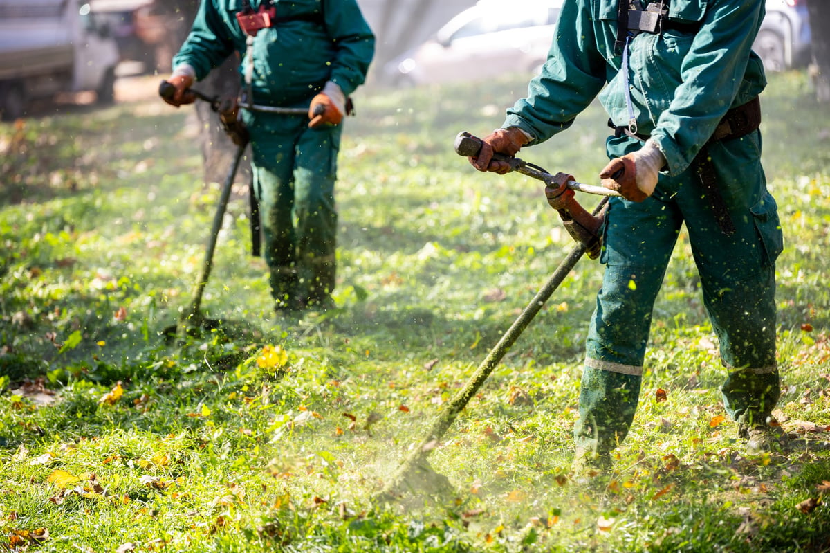 Two Martin Landscaping crew members trimming grass and vegetation on a sunny day