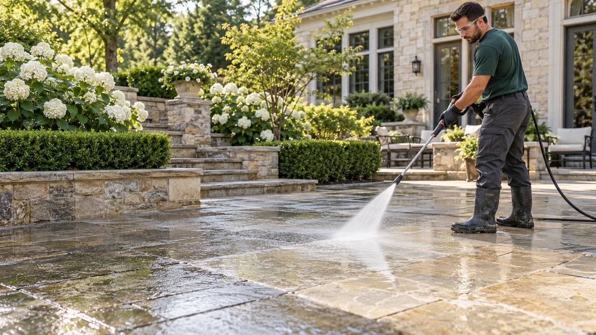 A man pressure washing a stone patio in front of a house with landscaping and white flowers