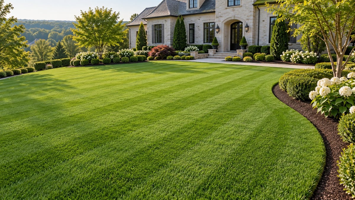 An elegant stone house featuring a striped manicured lawn, flowering shrubs and crisp landscaping